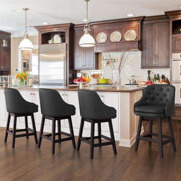 26.5 in Black Solid Wood Faux Leather Swivel Counter Height Bar Stool Double Cushion Bar stool with Rivets Set of 4