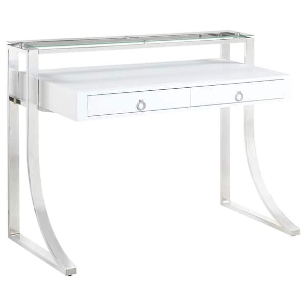 Coaster Gemma 23.5 in. Glossy White and Chrome 2-Drawer Writing Desk