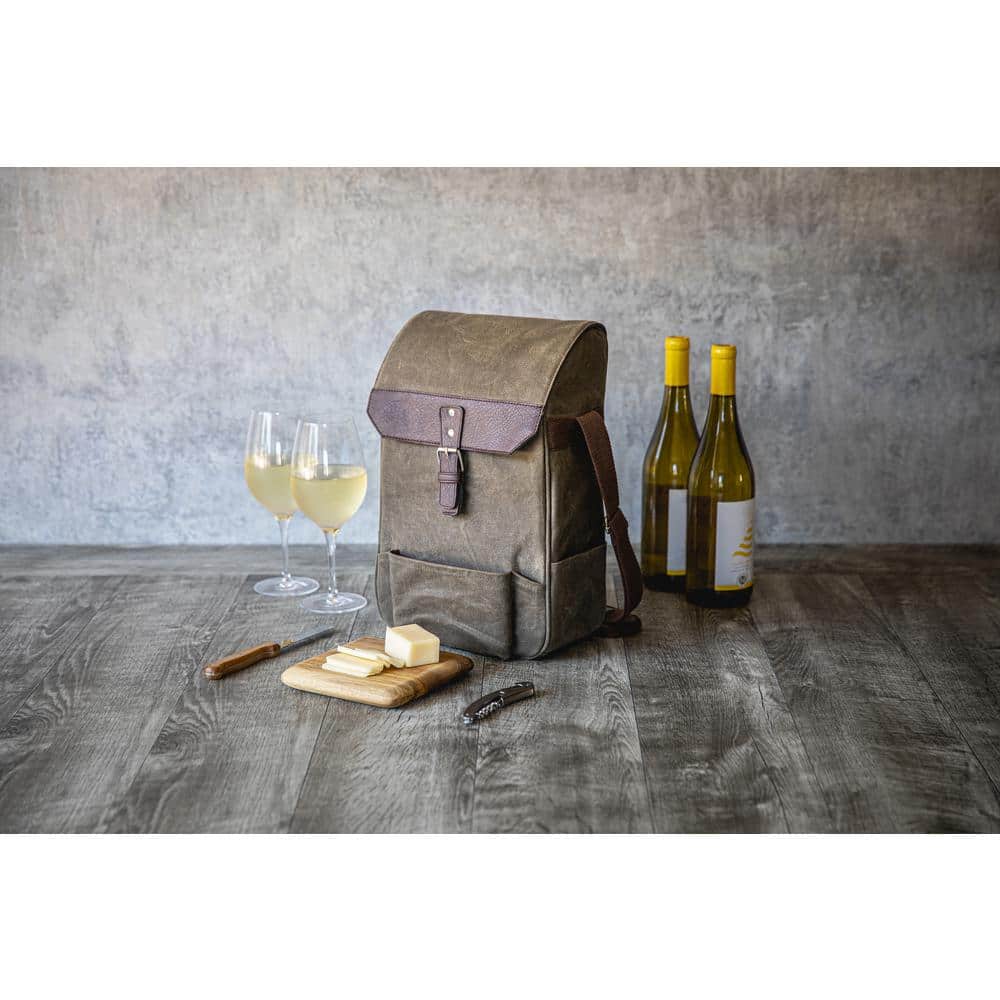 Khaki Green Waxed Canvas Wine Cooler Bag with Acacia Wood Cheese Board