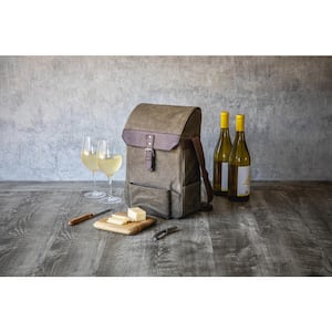 2-Bottle Khaki Green Waxed Canvas Wine Cooler Bag and Cheese Board Set