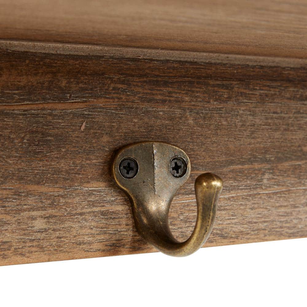 Brown Wooden Wall Shelf with Drawers and Hooks