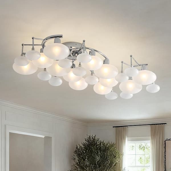 ARIA 30.7 in. 12-Light Mid-Century Chrome Semi-Flush Mount Sputnik Ceiling Light with Oval Opal Glass Shades