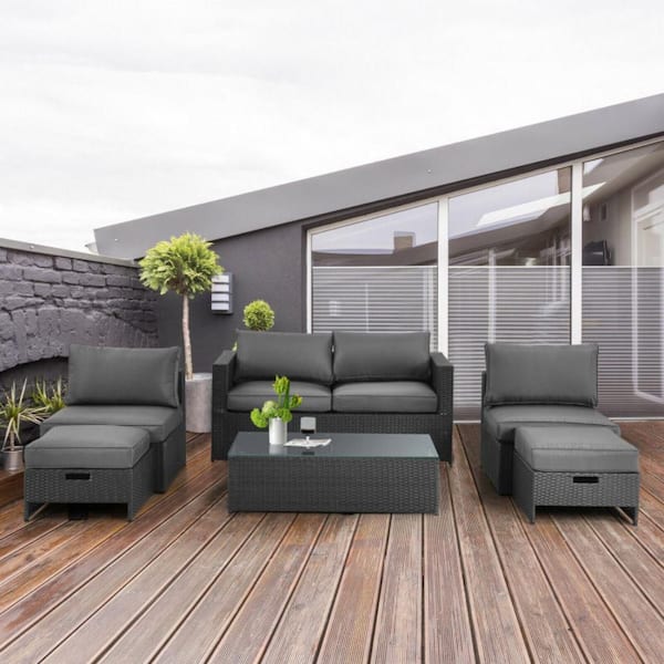 6-Piece Patio Wicker Rattan Furniture Set with Glass Top Table and Cushions in Gray