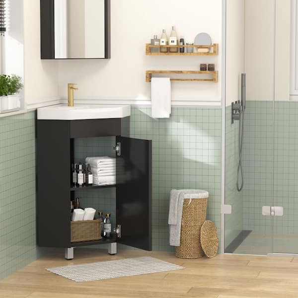 17 in. Freestanding Black Corner Bath Vanity with Triangular Ceramic Top Unassembled, Adjustable Shelf and Deep Basin