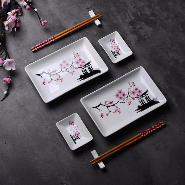 Cherry Blossom Sushi Plate Set - White