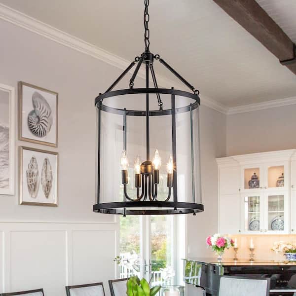 Ellison Industrial 4-Light Black Lantern Geometric Chandelier with Glass Shade