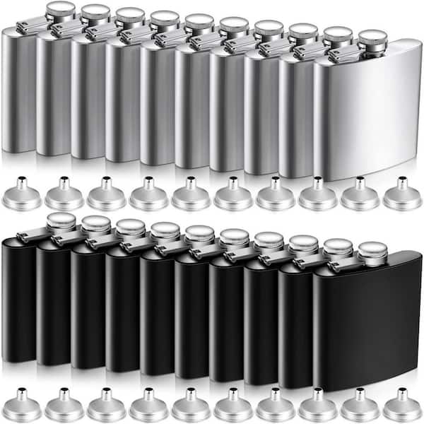 20-Piece 6 oz Stainless Steel Hip Flask Set with 10 Black Flasks, 10 Silver Flasks and Funnel