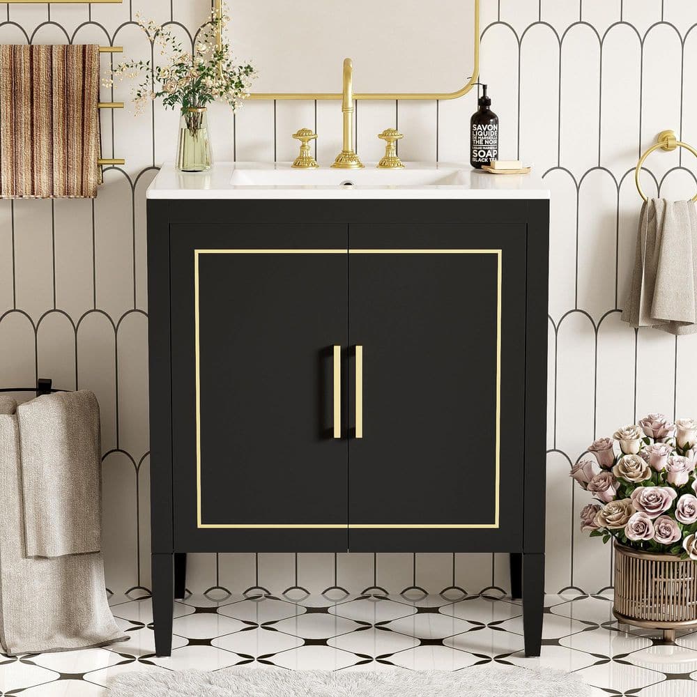 29.9in.W x 18.3 in.D x 34.01 in.H Black Bathroom Vanity Freestanding Built-