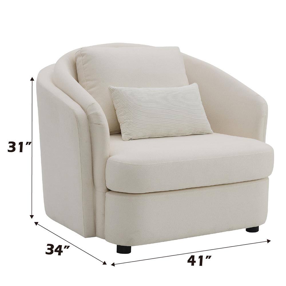 Beige Barrel Accent Chair with Wood Frame and Pillow