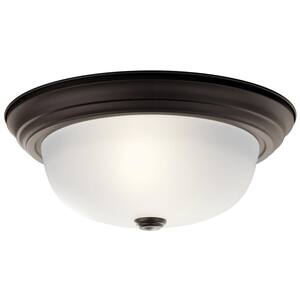 Ceiling Space 13.25 in. 2-Light Olde Bronze Hallway Round Flush Mount Ceiling Light with Stain Etched Glass