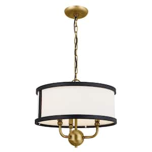 Heddle 15.5 in. 3-Light Natural Brass and Textured Black Vintage Shaded Drum Chandelier for Dining Room