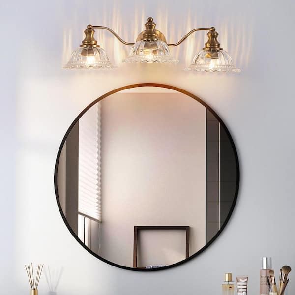 24 in. 3 Light Gold Vanity Light Fixture Bathroom Over Mirror Wall Lights with Vintage and Glass Lampshade