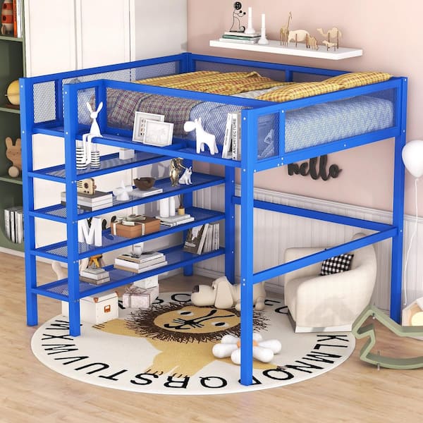 Harper & Bright Designs Blue Full Size Metal Loft Bed with 4-Tier Shelves and Bedside Storage Shelve