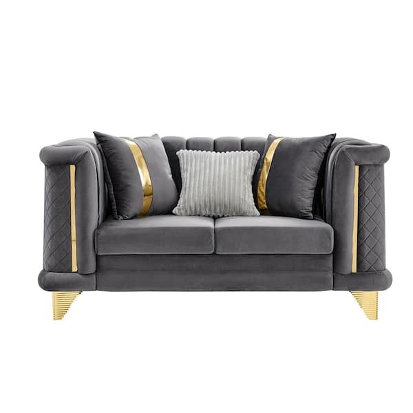 OBMOC 69 in. Rolled Arm Velvet Rectangle Sofa with Plush Cushions & Gold Stainless Steel Legs in. Slate Grey