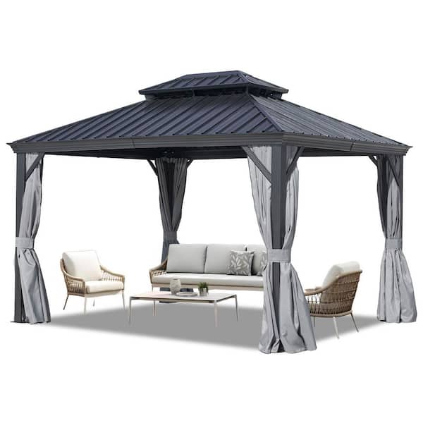 Endark 10 ft. x 12 ft. Black Outdoor Aluminum Hardtop Gazebo with Metal Double Roof Pergola, Netting, and Curtain