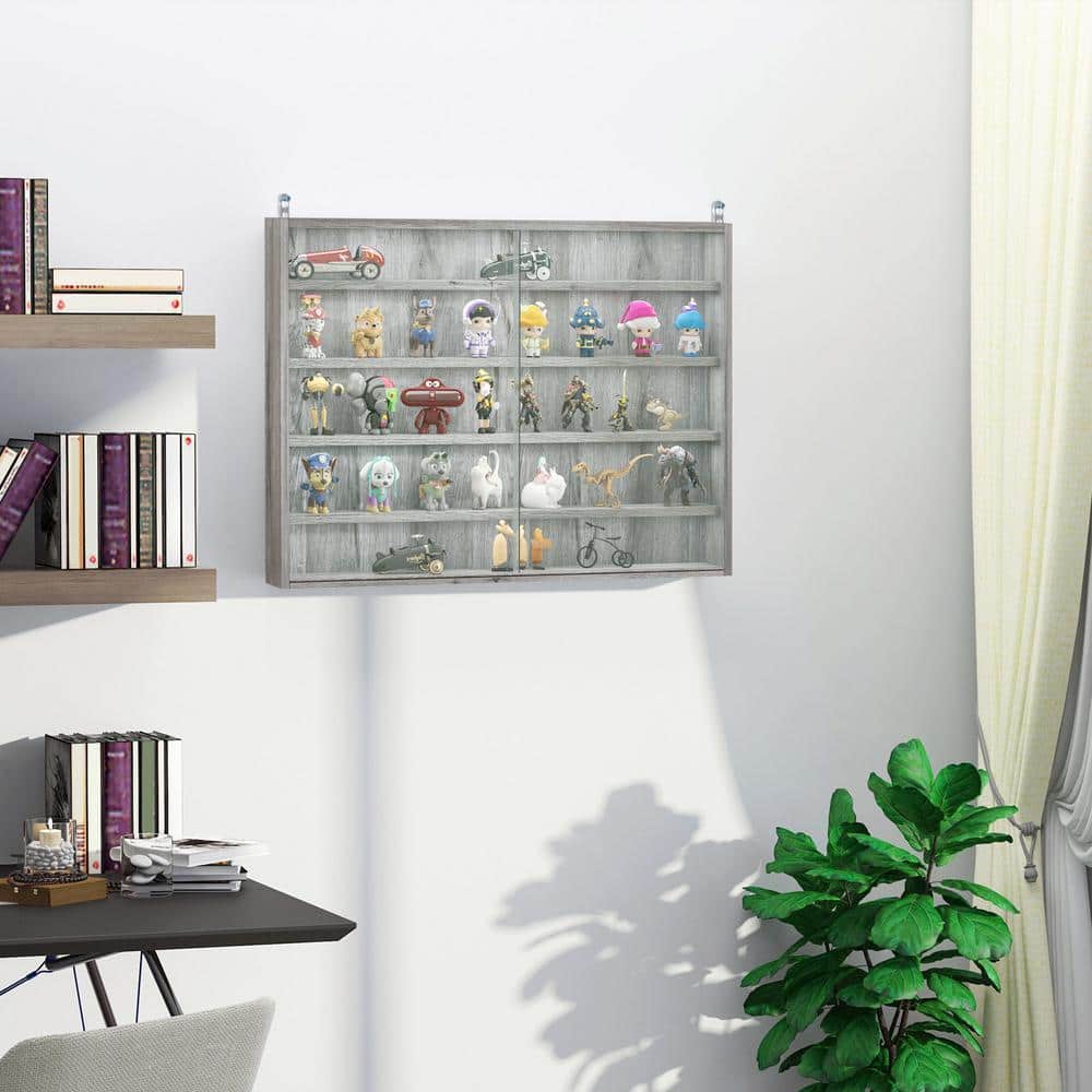 5-Tier Grey Wall-Mounted Display Cabinet Decorative Box, Glass