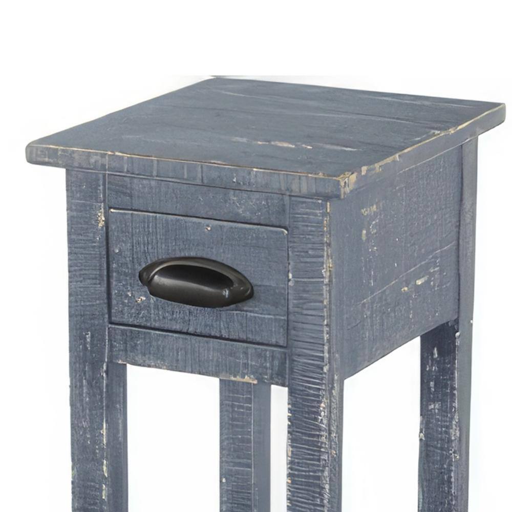 Rena 14" Blue Mahogany Wood Chairside Table with Drawer and Shelf
