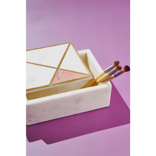 GAURI KOHLI 8 in. x 6 in. Minerva White Marble Decorative Box with Gold Inlay