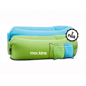 Blue and Green Inflatable Loungers with Travel Bags and Pockets (2-Pack)