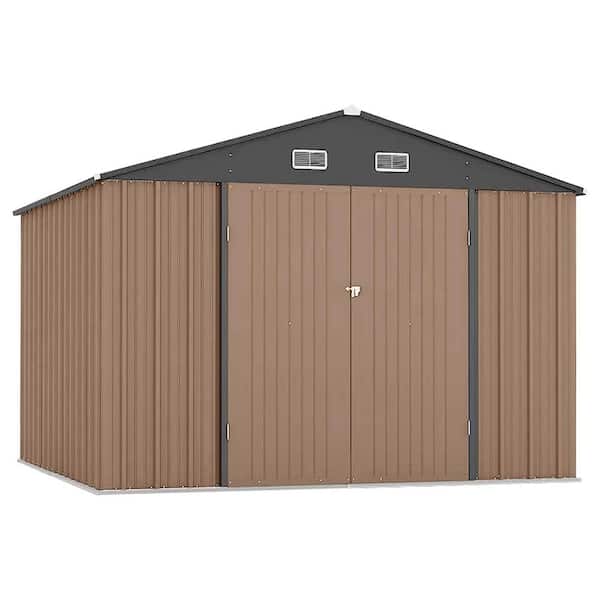 Professional Install 8.7 ft. W x 10.4 ft. D Outdoor Metal Storage Shed in Brown with Lockable Doors (90 sq. ft.)