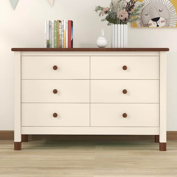 Harper & Bright Designs Cream and Walnut Wooden 6-drawer 47 in. Wide Dresser