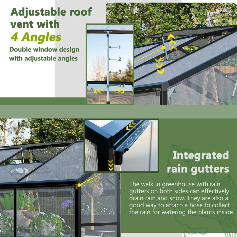 Black 6' x 8' Polycarbonate Aluminum Outdoor Greenhouse