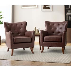 Germano Brown Vegan Leather Wingback Armchair with Wooden Legs Set of 2