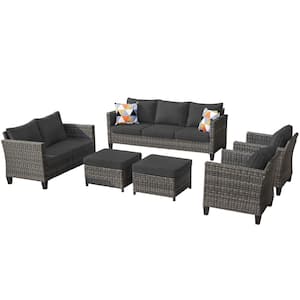 Megon Holly Gray 6-Pcs Wicker Outdoor Patio Conversation Seating Set and Loveseat with Black Cushions