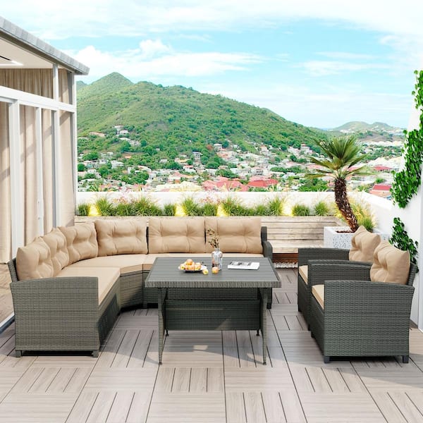 ToolCat Grey 6-Piece Wicker Patio Conversation Set with Beige Cushions