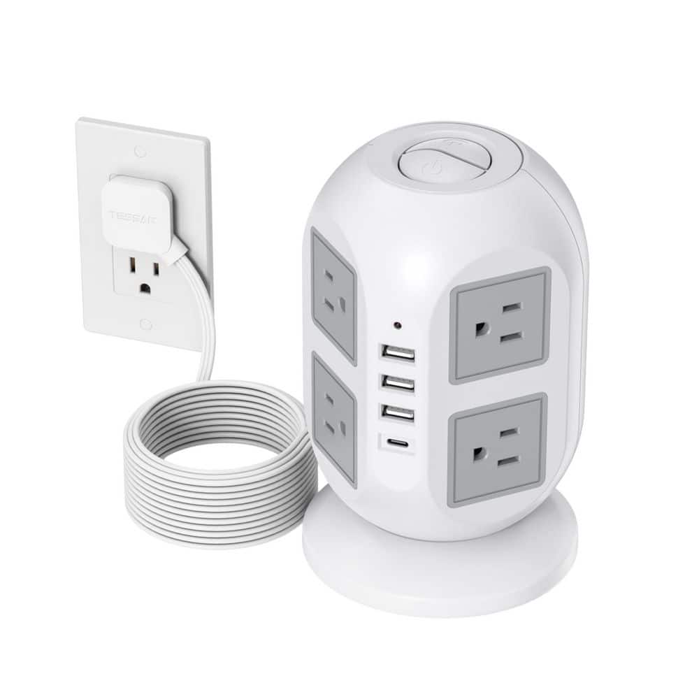 Power Strip Tower Surge Protector 12 in 1 Extension Cord with 8 AC 4 USB Ports USB C Flat Plug 10 ft. White