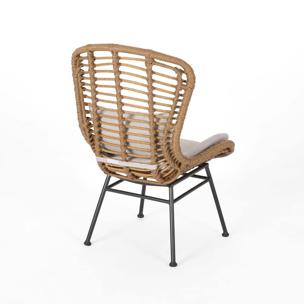Light Brown Faux Rattan Armless Patio Chairs with Beige Cushions