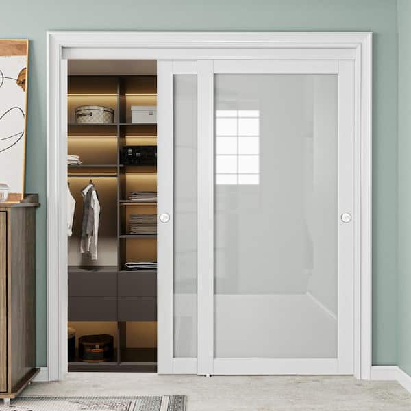 72 in. x 80 in. 1-Lite Tempered Frosted Glass White Finished Solid Core Interior Closet Sliding Door with Hardware