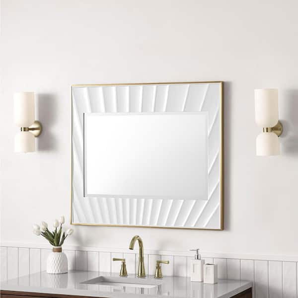 Soleil 35.9 in. W x 31.5 in. H Round Framed Wall Bathroom Vanity Mirror in Matte White with Gold