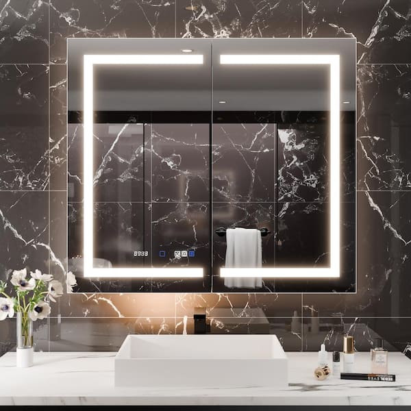 ANGELES HOME 42 in. W x 36 in. H Rectangular Aluminum Medicine Cabinet with Mirrored Door, 10X Magnifier