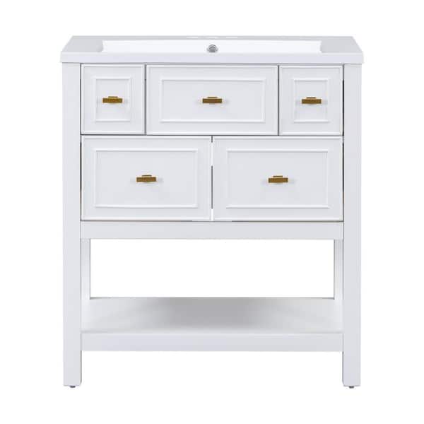 Boosicavelly 30 in. W Single Sink Freestanding Bath Vanity in White with White Ceramic Top