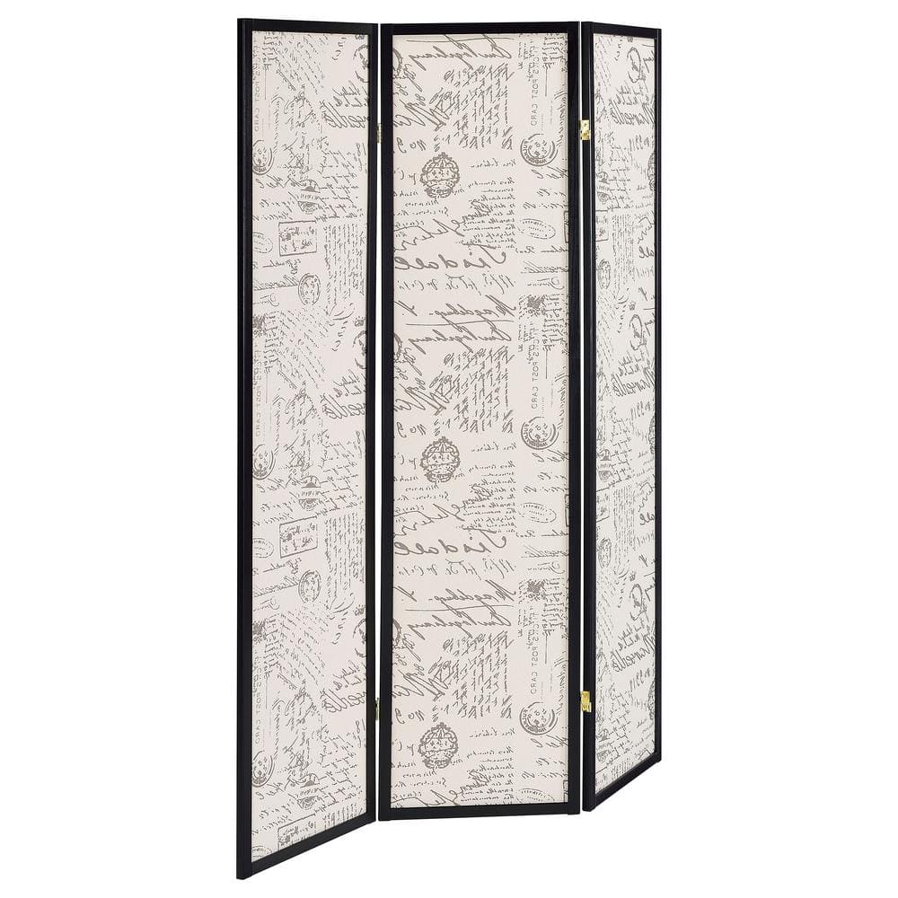 Transitional Black and Cream French Script 3-Panel Folding Screen