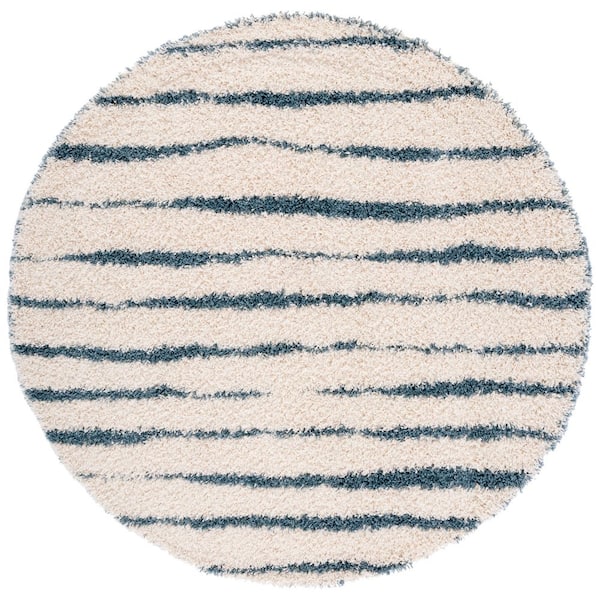 Venus Shag 7 ft. x 7 ft. Round Ivory/Turquoise Solid Color Striped Area Rug