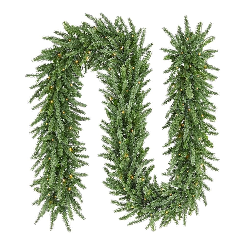 Home Accents Holiday 9 ft. Hillcrest Battery Operated Noble Fir LED Pre-Lit Artificial Garland with Timer 24PG70047 - The Home Depot