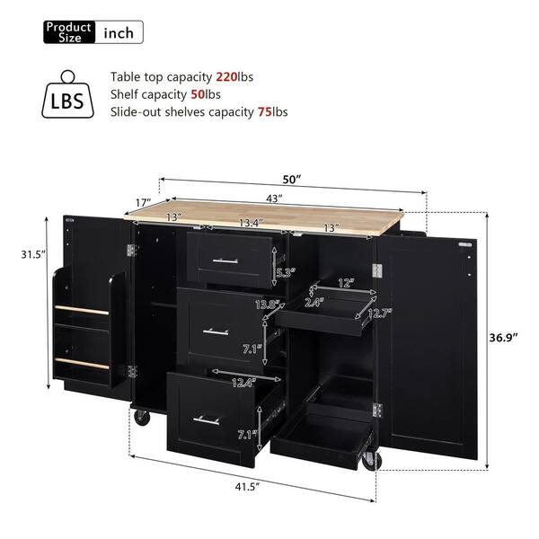 Runesay Black Mdf Base with Mdf Wood Top Rolling Kitchen Island (17-in x 50-in x 36.85-in)