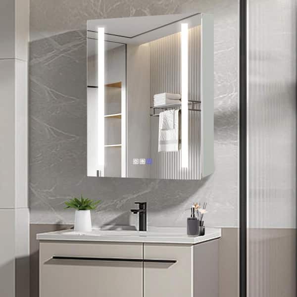 Unbranded 20 in. W x 26 in. H Silver Recessed/Surface Mount Lighted Medicine Cabinet with Mirror,Dimming,Defog,Open Door On Left