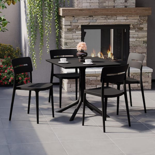 Frond and Form Black Plastic All Weather 5-Piece Square Table Modern Outdoor Patio Dining Set w/ 4 Stackable Chairs