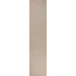 Aarhus High-Low Minimalist Scandi Striped Beige/Cream 2 ft. x 8 ft. Indoor/Outdoor Runner Rug
