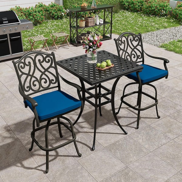 Black Cast Aluminum Bar Height Swivel Outdoor Dining Chair with Navy Blue Cushions (2-Pack)
