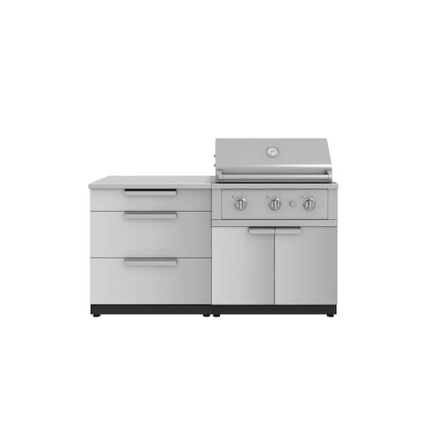 NewAge Products Outdoor Kitchen 65 in. W x 24 in. D x 48.5 in. H Stainless Steel 4-Piece Cabinet Set 33 in. Performance LP Grill