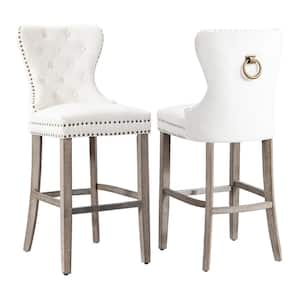 Harper 29 in. Cream Velvet Tufted Wingback Kitchen Counter Bar Stool with Solid Wood Frame in Antique Gray (Set of 2)