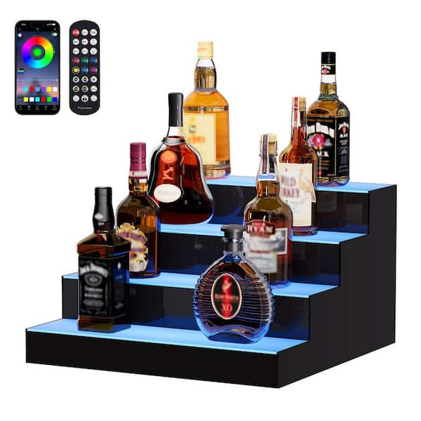 VEVOR LED Lighted Liquor Bottle Display 9.5 in. H x 16 in. W 4-Tier Acrylic Wine Rack 16-Bottle 7-Static Colors Multi-Colored