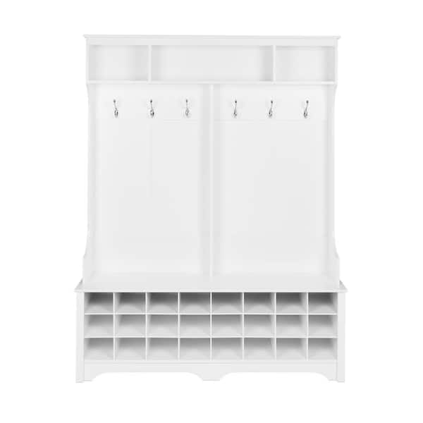 Prepac 60 in. White Wide Hall Tree with 24 Shoe Cubbies