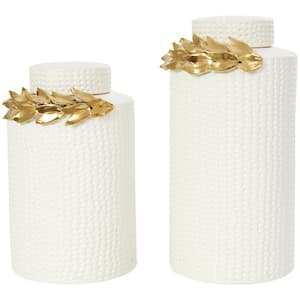 White Ceramic Decorative Jars with Abstract Spotted Pattern and Gold Leaf Accents (Set of 2)