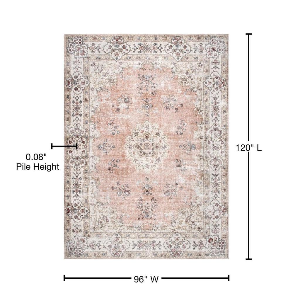 Peach and Cream 8' x 10' Vintage Floral Washable Rug