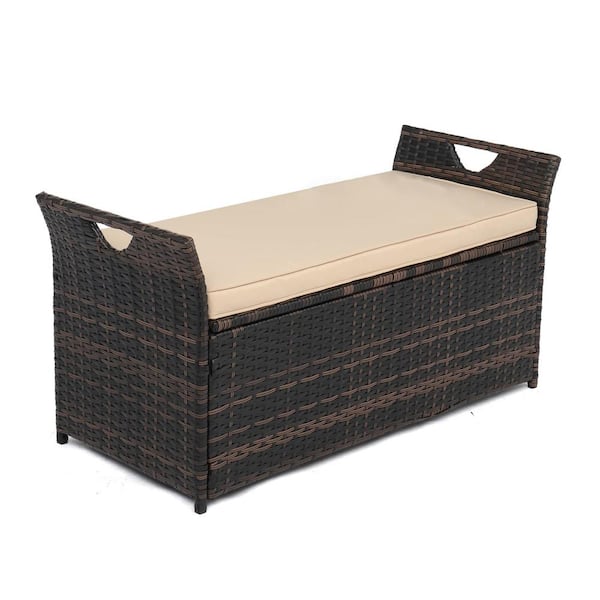40 Gal. Brown Rattan Outdoor Storage Bench with Cushion